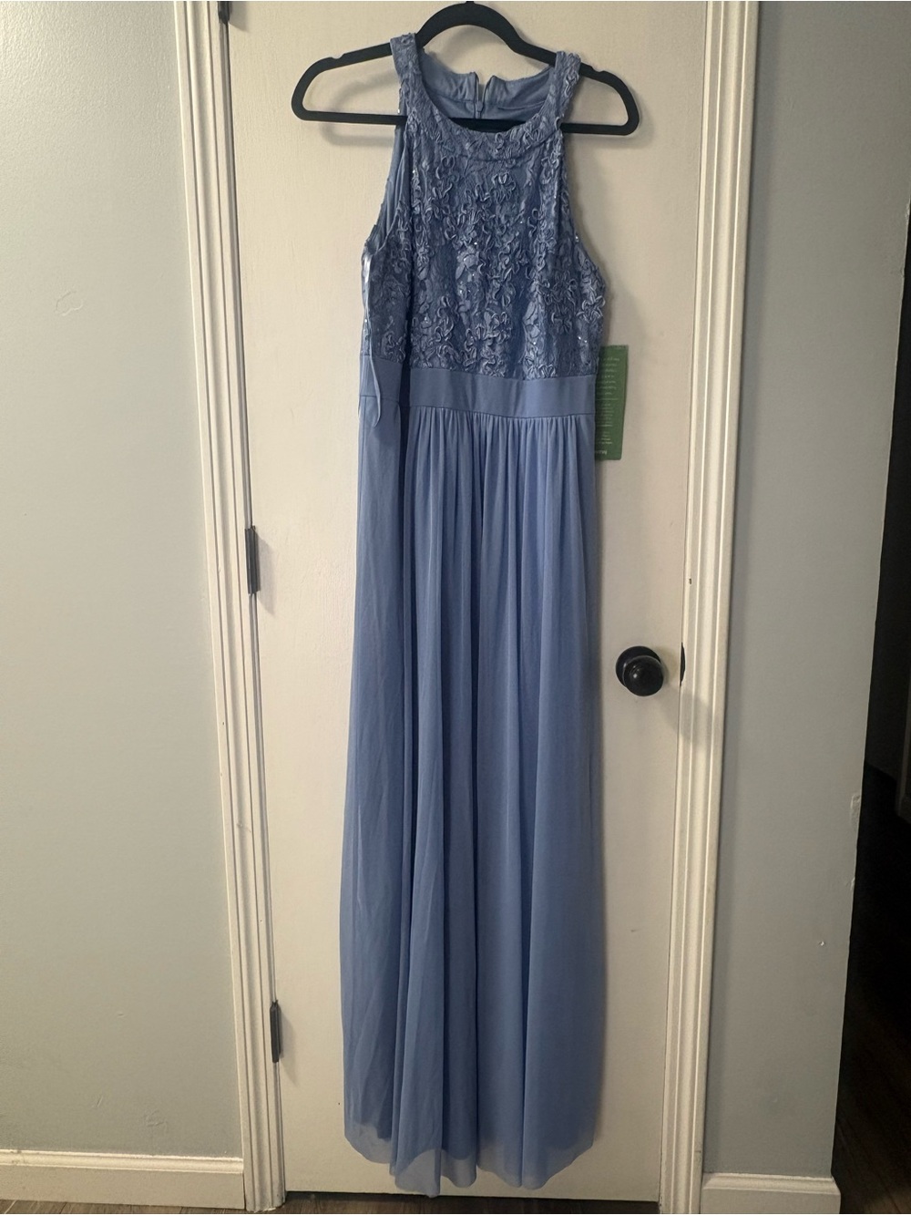 Sleeveless Dusty Blue Lace Bodice Prom Dress